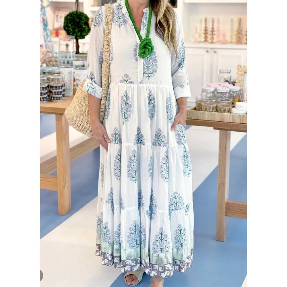 OLIPHANT Tuckernuck Mandarin Maxi Shirt Dress Button Long Sleeve Block Print XS